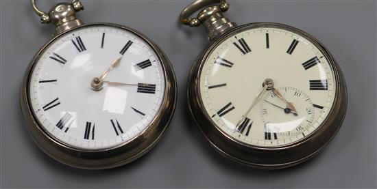 Two 19th century silver pair cased pocket watches, one keyless verge by Bullingford?, London, the other by Watkins, Plymouth.
